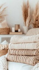 Poster - Soft white towels are stacked neatly on a bed in a well-lit, inviting bedroom with natural light filtering through the curtains