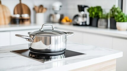 Wall Mural - Bright morning light highlights a stainless steel cooking pot resting on a sleek kitchen countertop surrounded by greenery