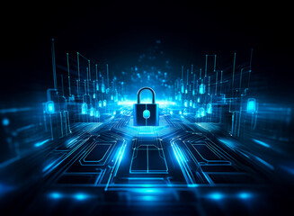 Poster - A glowing blue digital padlock sits at the center of a circuit board, surrounded by data streams and security icons, symbolizing cybersecurity and data protection.