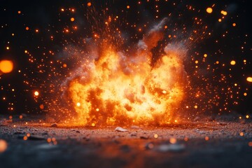 Poster - Explosion creates fiery blast with flying debris and bright sparks in dark surroundings