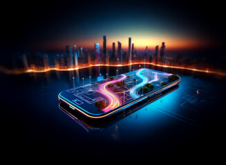 Fototapete - A futuristic city skyline reflected on a smartphone displaying dynamic, glowing pathways.  The image showcases advanced technology and urban development.