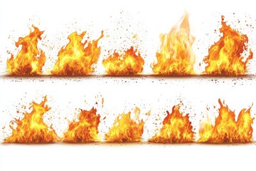 Poster - Dynamic flames showcasing various stages of fire with splashes and movement against a blank background