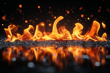 Leinwandbilder - Fire dances above a reflective surface creating a mesmerizing display of light and motion in a dark setting