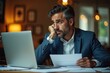 © Premium Illustration - Tired businessman with graying hair and beard holding documents, frustrated working remotely at laptop, home office setting, evening lighting, stress concept for work pressure and deadlines