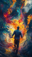 Wall Mural - stunning 3d portrayal of a painter splashing vibrant hues onto a canvas shaping the figure of a man 
