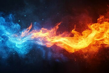 Wall Mural - Dynamic clash of blue and orange flames against a starry background at night