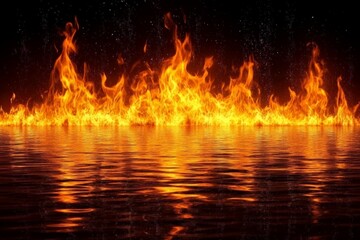 Leinwandbilder - Bright flames dance over calm water creating a breathtaking contrast at twilight
