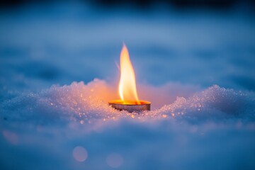 Aufkleber - Candle flame flickering on snow during twilight near a serene winter landscape