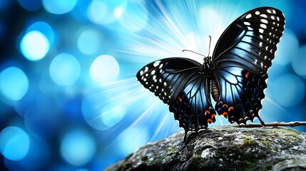 Wall Mural - Majestic Black Butterfly on Rock with Blue Bokeh Background