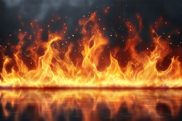 Poster - Bright flames rise and dance against a dark background with reflective surface highlighting the fiery brilliance