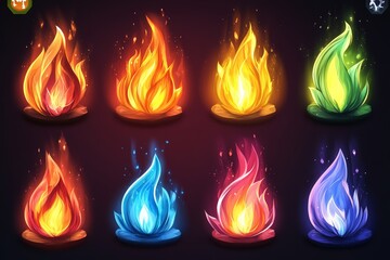 Poster - Colorful flames representing different elements in a vibrant digital artwork showcasing creative design and artistic flair