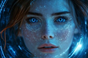 Poster - Futuristic portrait of a woman with glowing eyes and digital patterns in a high-tech environment