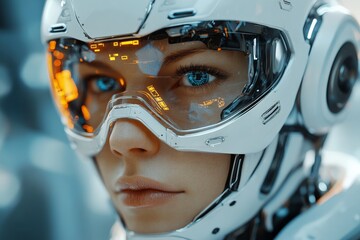Fototapete - Futuristic cyborg wearing advanced helmet with glowing visor and detailed facial features in a high-tech environment
