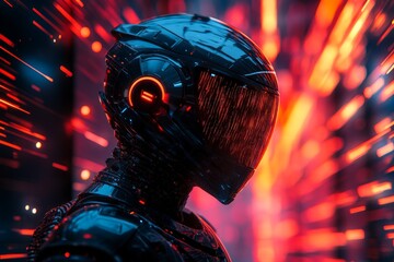 Aufkleber - Futuristic robotic figure with glowing features in a vibrant, dynamic environment