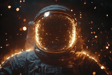 Wall Mural - astronaut in glowing suit surrounded by sparkling particles in a dark atmosphere