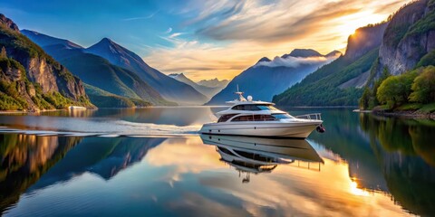 Wall Mural - A sleek yacht glides smoothly through crystal-clear waters of a serene Norwegian fjord at dawn , fjords, landscape,  fjords