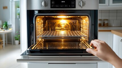 A hand opens a modern oven, revealing a bright interior ready for baking tasty dishes in a stylish kitchen