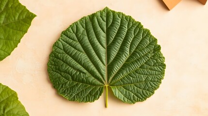 Wall Mural - Detailed Green Leaf on Beige Background Botanical Photography