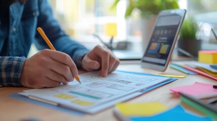 An application developer sketching out the UI/UX design of an app, with colorful mockups and wireframes on the desk.