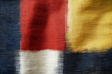 Poster - Colorful textile pattern showcasing bold hues of red, white, blue, and yellow in a modern fabric design