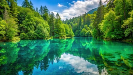 Wall Mural - Serene clear turquoise lake reflecting lush green forest canopy with tall trees and vibrant foliage surrounded by tranquility, clear water, turquoise lake