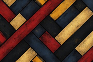 Fototapete - Abstract composition of intertwined wooden planks in red, yellow, and black hues creating a striking visual texture