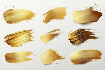 Aufkleber - Varied golden paint strokes on a white background showcasing artistic textures and styles for creative designs