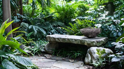 Tranquil garden hideaway with a bird's nest on a stone bench