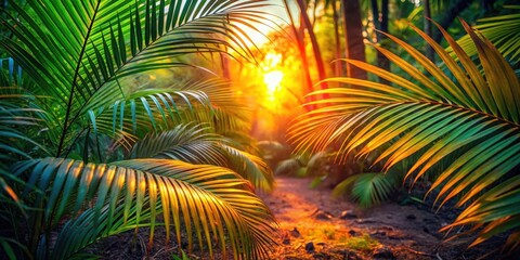 Wall Mural - Colorful tropical palm leaves scattered on the forest floor at sunset, leaves, landscape,  leaves