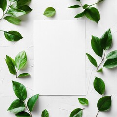 Fototapete - Blank space framed by fresh green leaves on a textured white background for design or writing purposes. Generative AI