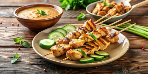 Wall Mural - Grilled chicken satay skewers on wooden sticks with peanut sauce drizzle and fresh cucumber slices