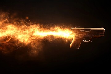 Poster - Fire erupts from a handgun during a shooting event in a dark environment