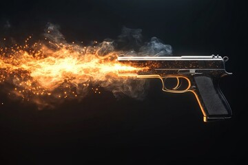 Poster - Creative representation of a gun firing with bright sparks and smoke in a dark background emphasizing motion and intensity