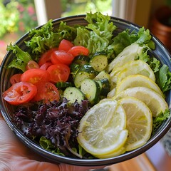 Canvas Print - Vibrant Summer Salad Bowl, Fresh Tomatoes, Cucumbers, Lemon, and Lettuce