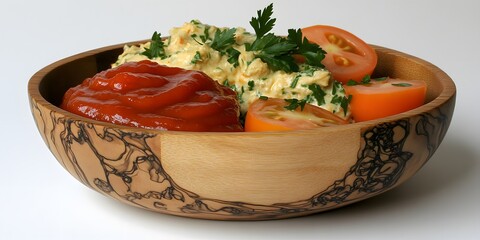 Canvas Print - Delicious Creamy Tuna Salad with Tomato and Ketchup in Wooden Bowl