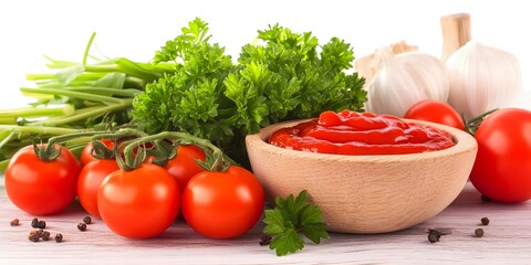 Canvas Print - Delicious Tomato Ketchup with Fresh Tomatoes and Herbs