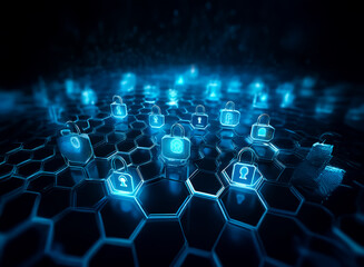 Aufkleber - Glowing blue padlock icons arranged on a dark hexagonal grid, representing digital security and data protection in a futuristic, abstract setting.