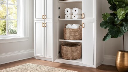 Wall Mural - Soft white towels are organized on shelves alongside wicker baskets, enhancing the serene vibe of a contemporary bathroom environment.