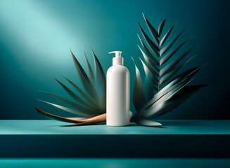 Fototapete - White pump bottle on teal surface, flanked by tropical leaves.  Dramatic lighting highlights the product's sleek design and natural elements.