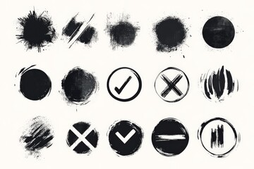 Leinwandbilder - Black and white abstract symbols featuring circles, ticks, and crosses on a light background in various styles and textures
