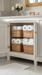 Wall Mural - Soft white towels are organized on shelves alongside wicker baskets, enhancing the serene vibe of a contemporary bathroom environment.