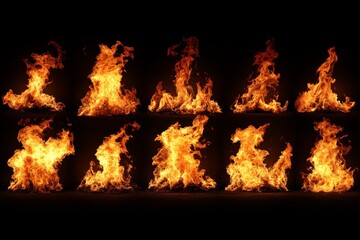 Poster - Vibrant flames demonstrating various fire shapes and movements captured against a black background during nighttime