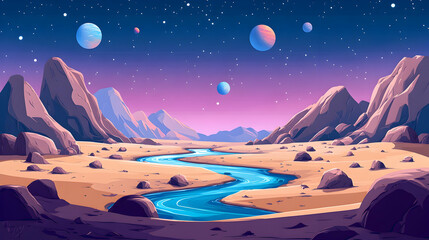 Wall Mural - dreamy alien landscape with river and planets in night sky
