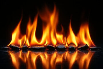 Aufkleber - Flames dance above smooth stones in a dark setting creating a mesmerizing display of fire and reflection