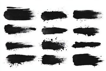 Poster - Various black paint brush strokes on white background showcasing different artistic textures and patterns for creative projects