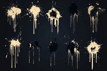 Poster - Splatter patterns showcasing creative design elements in various shades of gold and black on a dark background