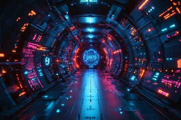 Poster - Vibrant futuristic corridor illuminated by neon lights with intricate technological details