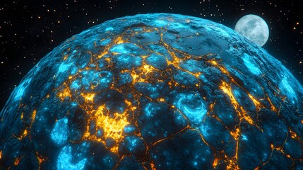 Wall Mural - Glowing Volcanic Planet Surface with Moon Background