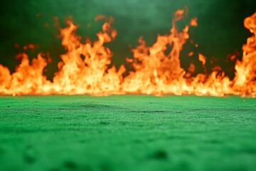 Poster - Bright flames rise against a green background in a dramatic display of fire and intensity