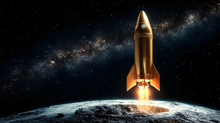 Wall Mural - golden rocket launching from lunar surface against starry space